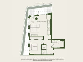 A floor plan of a terrace chth floor with a kitchen, dining area and two bedrooms.