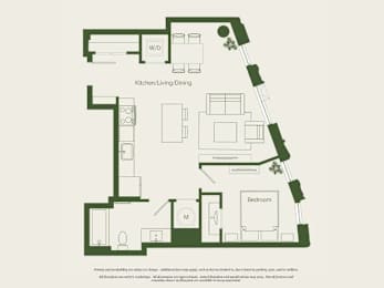 A floor plan of a house with a kitchen, living room, dining room, and bedroom.