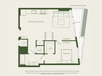 A floor plan of a house with a kitchen, living room, dining room, and bedroom.