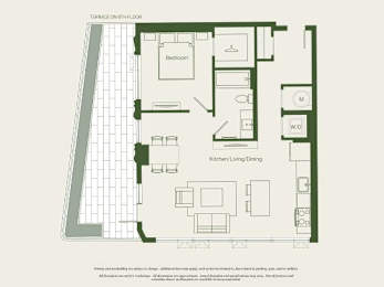 A floor plan of a house with a bedroom, kitchen, and living room.