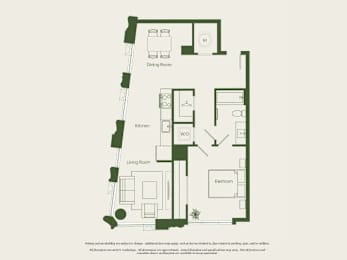 A floor plan of a house with a kitchen, living room, dining room, and bedrooms.