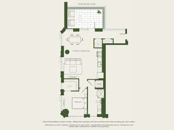 A floor plan of a house with a kitchen, living room, and bathroom.