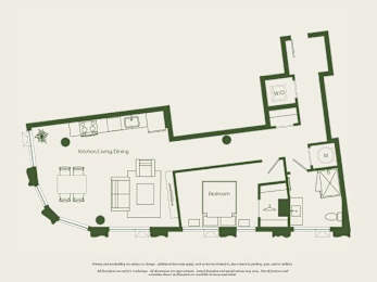 A floor plan of a house with a kitchen, living room, dining room, and bedroom.