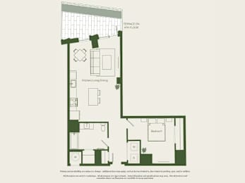 A floor plan of a house with a kitchen, living room, and bathroom.