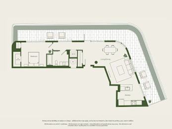 A floor plan of a house with a living room, dining room, kitchen, and two bedrooms.