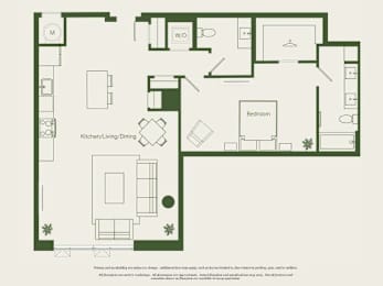 A floor plan of a house with a kitchen, living room, dining room, and bedrooms.