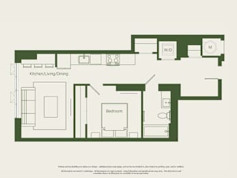 A floor plan of a small apartment with a kitchen, living room, dining area, and a bedroom.