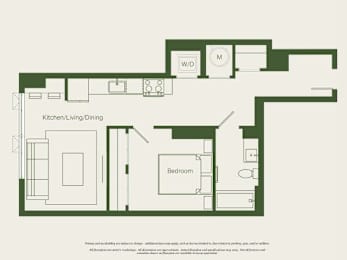 A floor plan of a house with a kitchen, dining area, and bedroom.