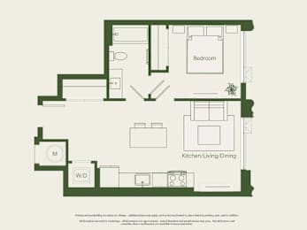 A floor plan of a house with a kitchen, living room, dining room, and bedroom.