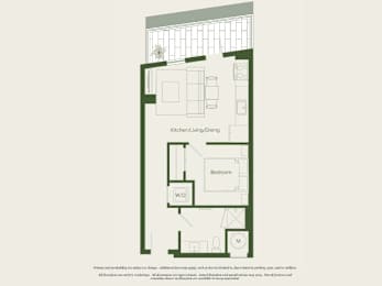 A floor plan of a small apartment with a kitchen, living room, dining area, bedroom, and bathroom.