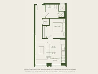 A floor plan of a small apartment with a bedroom, a kitchen/living/dining area, and a bathroom.