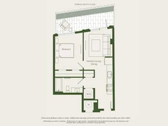 A floor plan of a house with a kitchen, living room, dining room, and two bedrooms.