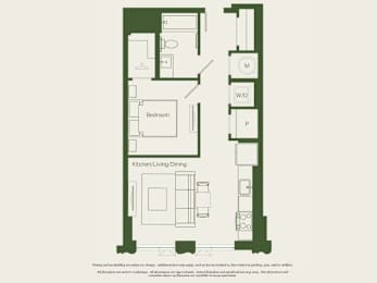 A floor plan of a house with a bedroom, kitchen, and living room.