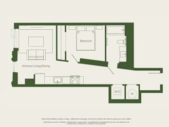 A floor plan of a house with a kitchen, living room, dining room, and bathrooms.