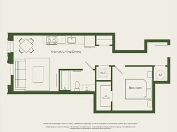 A floor plan of a one bedroom apartment with a kitchen, dining area, and a bathroom.