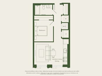 A floor plan of a house with a bedroom, a kitchen/dining area, and a bathroom.