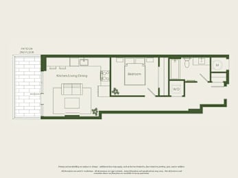 A floor plan of a 2nd floor apartment with a kitchen, living room, dining room, bedroom, and WC.