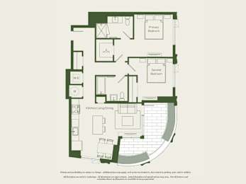 A floor plan of a house with two bedrooms, a kitchen, and a living area.