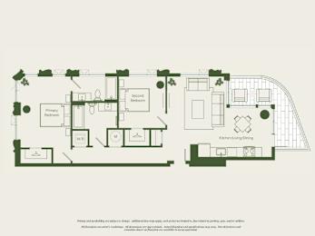 A floor plan of a house with a kitchen, living room, dining room, and two bedrooms.