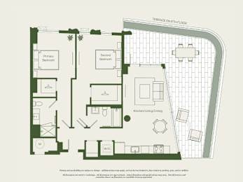 A floor plan of a house with a kitchen, dining area, and two bedrooms.