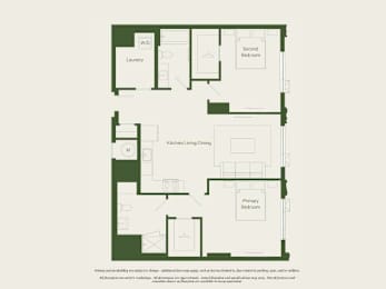 A floor plan of a house with a laundry room, kitchen, and two bedrooms.