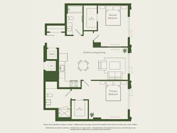 A floor plan of a house with a kitchen, living room, dining room, and two bedrooms.