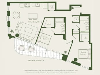 A floor plan of a house with a kitchen, living room, dining room, and two bedrooms.