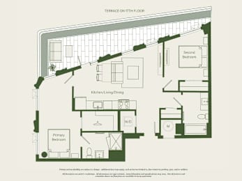 A floor plan of a 7th floor apartment with a kitchen, living room, dining room, and 3 bedrooms.