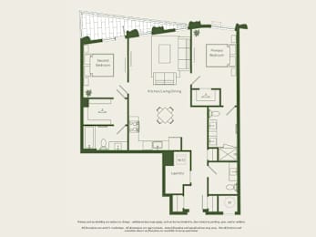 A floor plan of a house with a kitchen, dining room, living room, two bedrooms, a bathroom, and a laundry room.