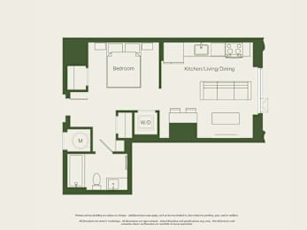 A floor plan of a small apartment with a bedroom, kitchen, and a workspace.