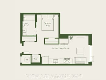 A floor plan of a house with a kitchen, living room, dining area, and bedroom.