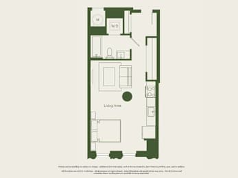 A floor plan of a living area with a kitchen and a bathroom.