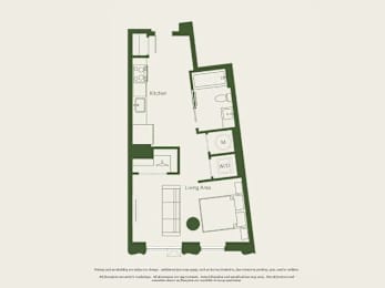 A floor plan of a house with a kitchen, living area and a bedroom.
