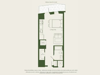 A floor plan of a terrace and eth floor layout.