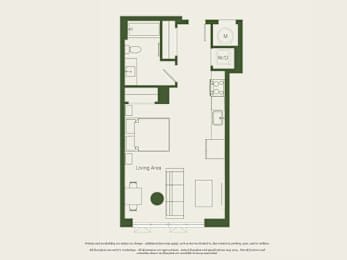A floor plan of a house with a living area, kitchen, and bathrooms.