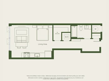 A floor plan of a living area with a kitchen, dining table, and bathroom.