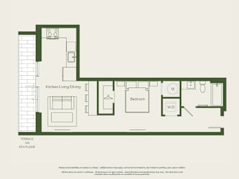 A floor plan of a house with a kitchen, living room, dining room, and bathroom.
