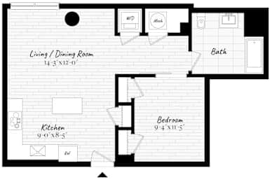 A black and white floor plan of a house with a living room, dining room, kitchen, bathroom, and bedroom.
