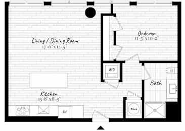 A black and white image of a floor plan for a small apartment.