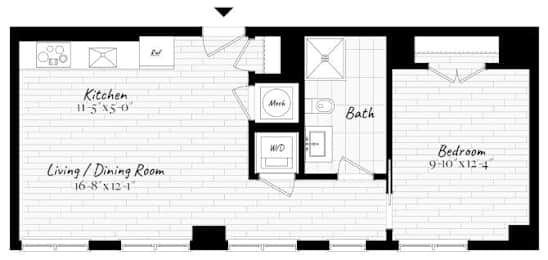 A black and white image of a floor plan for a house with a kitchen, living/dining room, bathroom, and bedroom.
