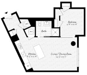 A floor plan of a house with a kitchen, living room, dining room, and bedroom.