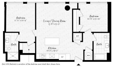 A black and white image of a floor plan for a home with two bedrooms, a living/dining room, kitchen, and bathrooms.