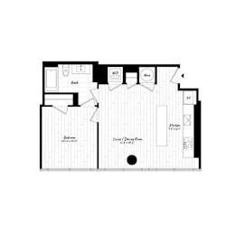 A floor plan of a house with a living room, dining room, kitchen, and bathrooms.