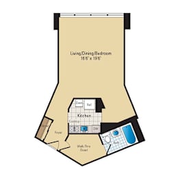 A floor plan of a living/dining/bedroom with a kitchen and bathroom.