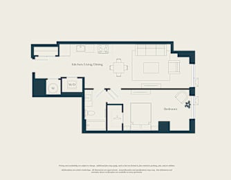 A floor plan of a house with labeled rooms such as "Kitchen/Living/Dining" and "Bathroom".