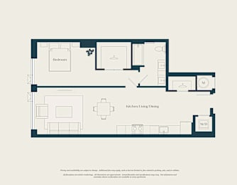 A floor plan of a house with a bedroom, kitchen, and a workspace.