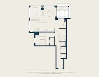 A floor plan of a house with a kitchen, living room, and bathroom.