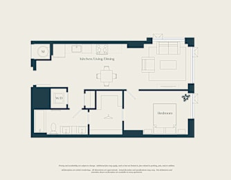 A floor plan of a kitchen/living/dining area with a separate bedroom and bathroom.