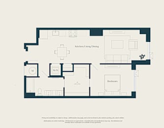 A floor plan of a house with a kitchen, dining area, and a bedroom.
