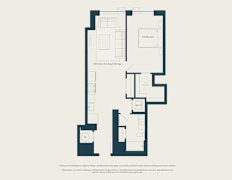 A floor plan of a house with a kitchen, dining area, and a bathroom.